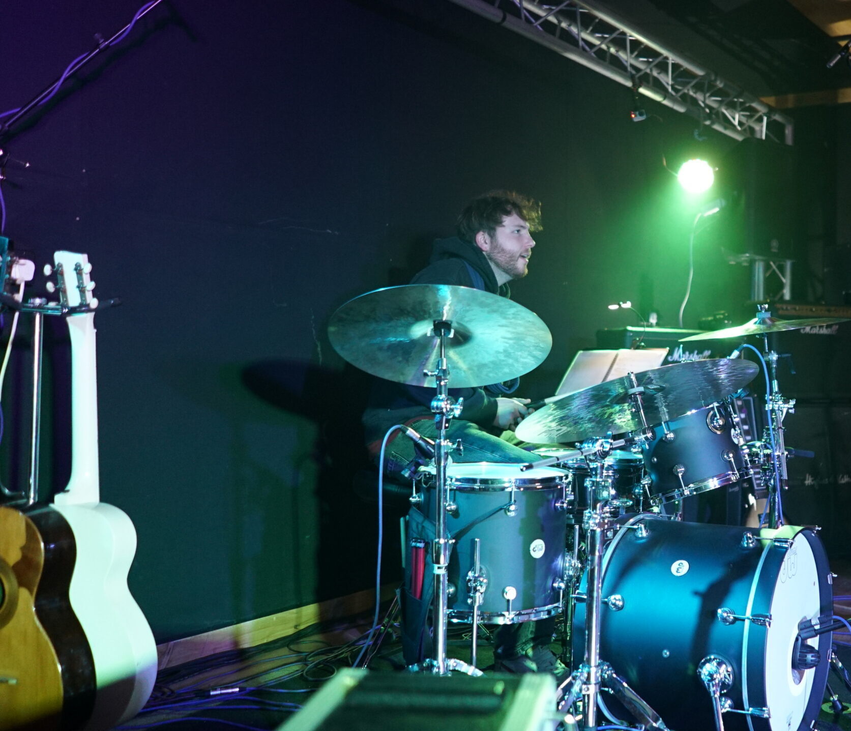 A session at Powerhouse Studios, with the Drum kit, guitars, amps and lights in Room 6